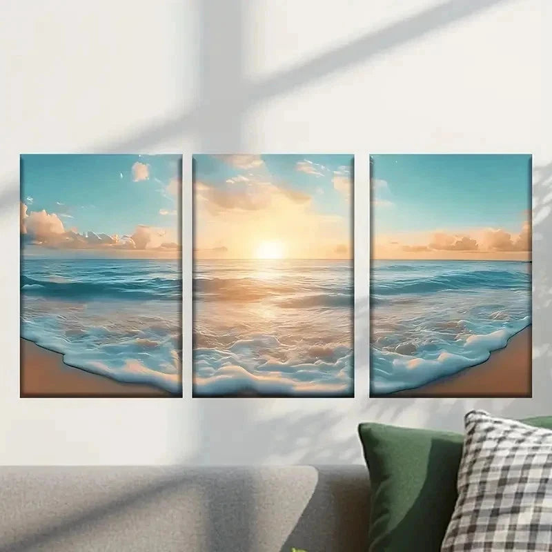 3pcs Sunset Waves & Sailboat Scene Wall Art Set Canvas Framed 50x70cm - High Quality Print 100% Australian Made Wall Canvas Ready to Hang