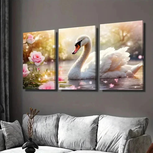 3pcs Pink Roses Waterfront Scene with Blooming Wall Art Canvas Unframed - High Quality Print 100% Australian Made Wall Canvas