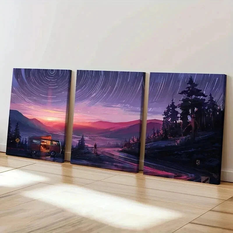 3pcs Anime Scenery Vaporwave Sunset Cars & Road Wall Art Set Canvas Framed 60x90cm - High Quality Print 100% Australian Made Wall Canvas Ready to Hang - Bella Home Decor