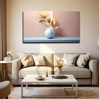 Golden Leaf Made Wall Art Canvas Office Home Room Framed 120x60cm