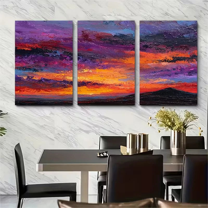 3pcs Sunset Oil Painting Landscapes Metal Print Ready to Hang Art