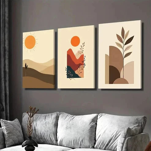 3pcs Boho Landscape Modern Abstract Sun Wall Art Set Canvas Unframed - High Quality Print 100% Australian Made Wall Canvas - Bella Home Decor