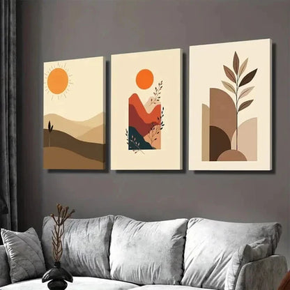 3pcs Boho Landscape Modern Abstract Sun Wall Art Set Canvas Unframed - High Quality Print 100% Australian Made Wall Canvas - Bella Home Decor