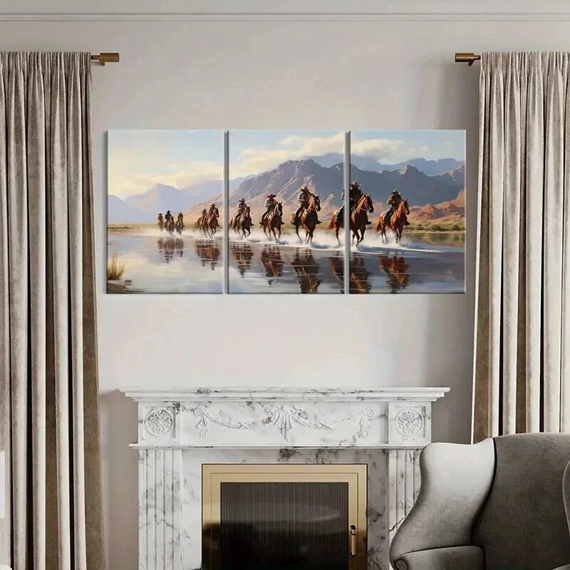 3pcs Cowboys Herd Of Horses River Mountains Wall Art Set Canvas Framed 50x70cm - High Quality Print 100% Australian Made Wall Canvas Ready to Hang - Bella Home Decor