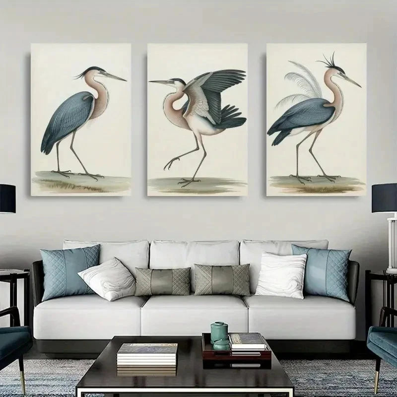 3pcs Heron Minimalist Decorations Painting Metal Print Ready to Hang Art
