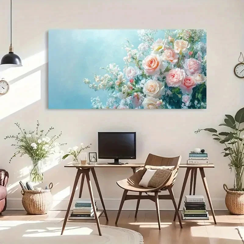Peach Design On A Blue Backdrop Wall Art Canvas Office Home Room Framed 120x60cm - Bella Home Decor