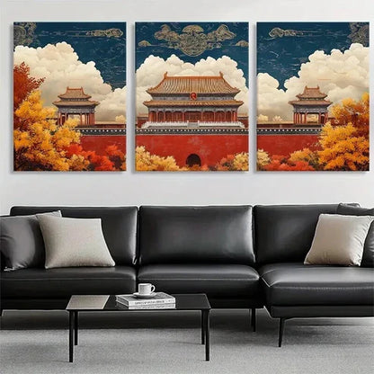 3pcs Chinese Ancient Architecture Sky Perfect Wall Art Set Canvas Unframed - High Quality Print 100% Australian Made Wall Canvas - Bella Home Decor