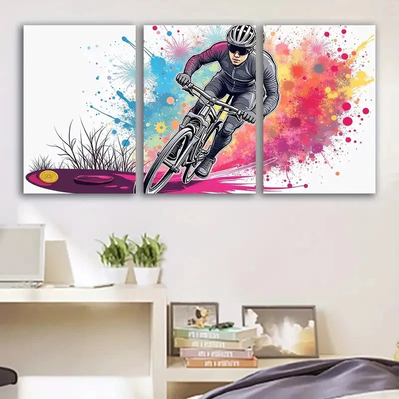 3pcs Vibrant Cyclist Riding Artwork Scene Wall Art Set Canvas Framed 40x60cm - High Quality Print 100% Australian Made Wall Canvas Ready to Hang