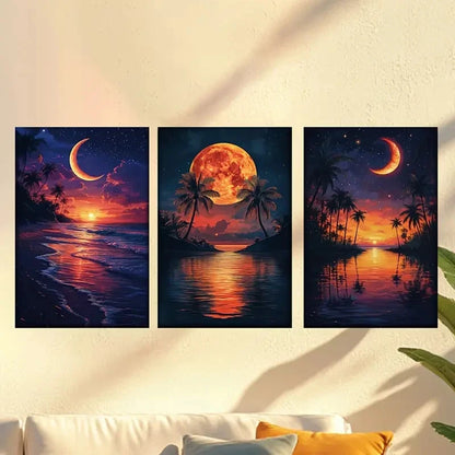 3pcs Islands with palm trees, moon and stars Wall Art Set Canvas Framed 50x70cm - High Quality Print 100% Australian Made Wall Canvas Ready to Hang - Bella Home Decor