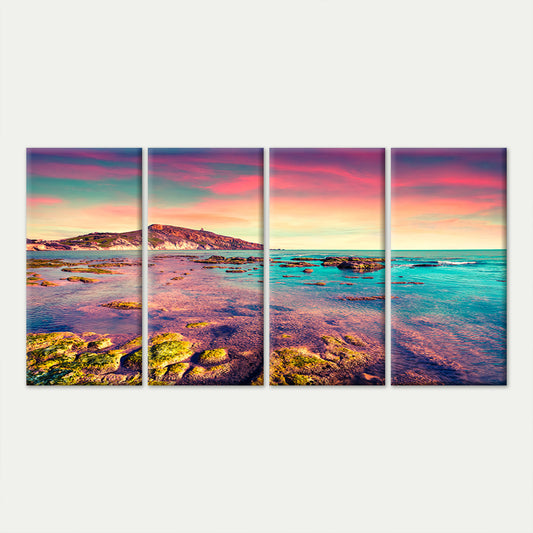 4pcs Coastal Reef Sunset Beach Pink Sky Marine Wall Art Canvas Framed 45x80cm - High Quality Print 100% Australian Made Wall Canvas Ready to Hang