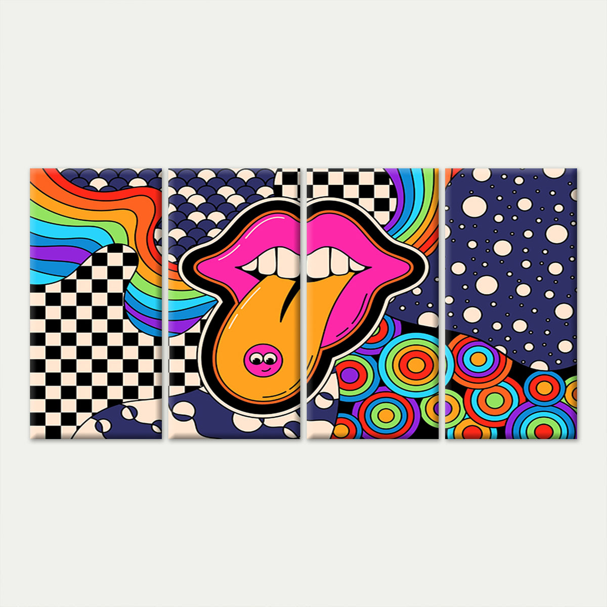 4pcs Retro Psychedelic Lip Pop Art Collage Wall Art Canvas Framed 45x80cm - High Quality Print 100% Australian Made Wall Canvas Ready to Hang