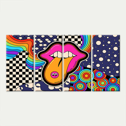 4pcs Retro Psychedelic Lip Pop Art Collage Wall Art Canvas Framed 45x80cm - High Quality Print 100% Australian Made Wall Canvas Ready to Hang