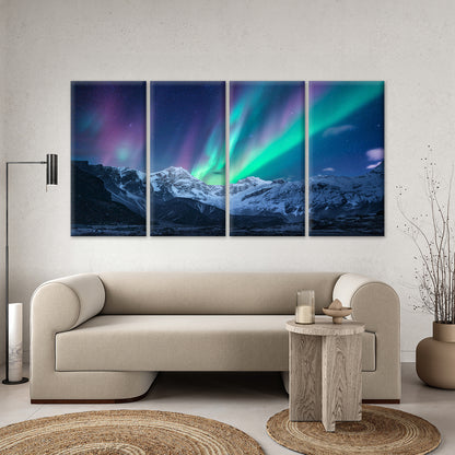 4pcs Aurora Borealis Snowy Mountain Stars Wall Art Canvas Framed 45x80cm - High Quality Print 100% Australian Made Wall Canvas Ready to Hang