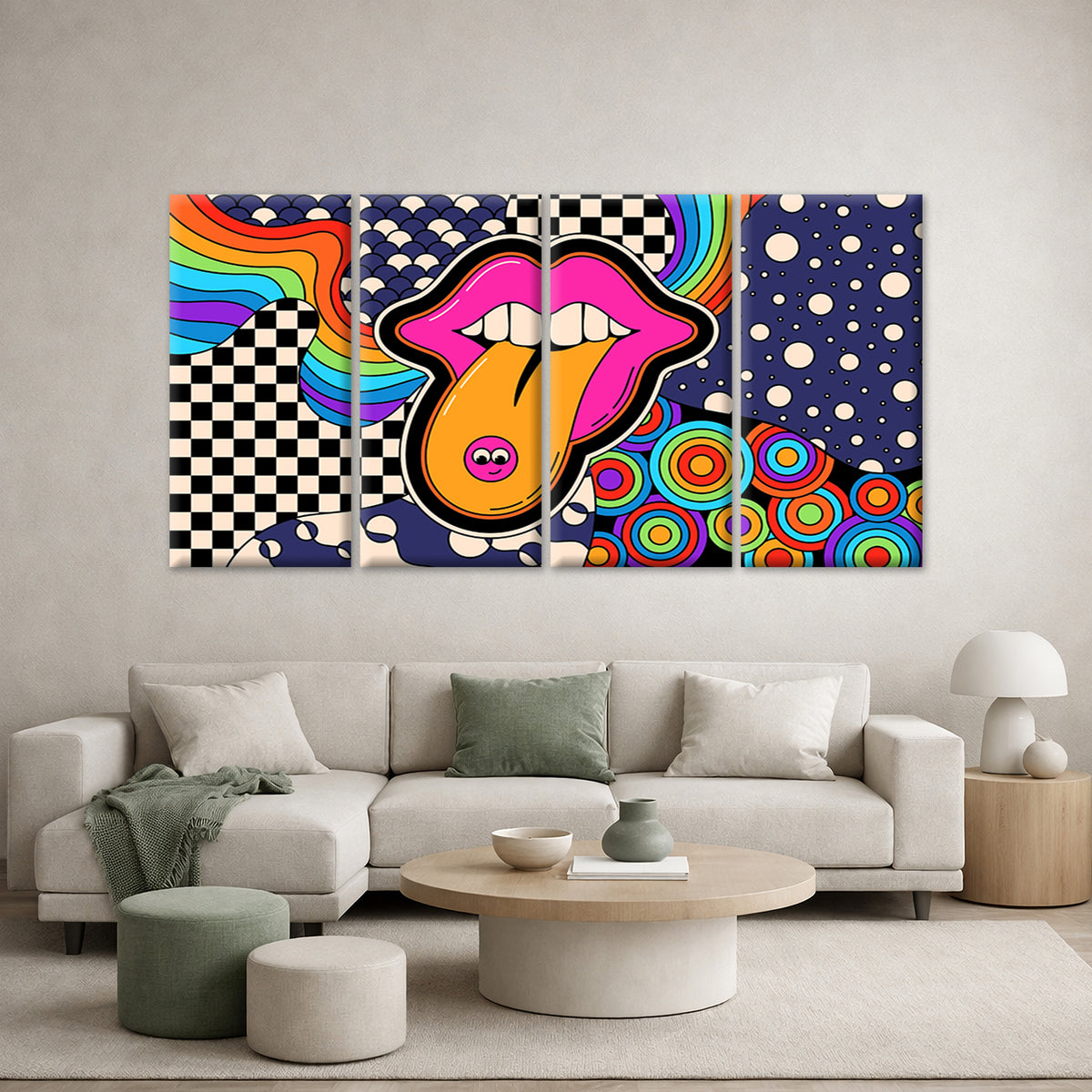 4pcs Retro Psychedelic Lip Pop Art Collage Wall Art Canvas Framed 45x80cm - High Quality Print 100% Australian Made Wall Canvas Ready to Hang