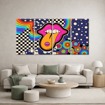 4pcs Retro Psychedelic Lip Pop Art Collage Wall Art Canvas Framed 45x80cm - High Quality Print 100% Australian Made Wall Canvas Ready to Hang