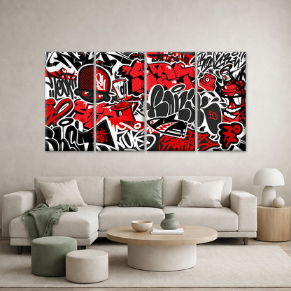 4pcs Red Black Graffiti Urban Street Cartoon Wall Art Canvas Framed 45x80cm - High Quality Print 100% Australian Made Wall Canvas Ready to Hang