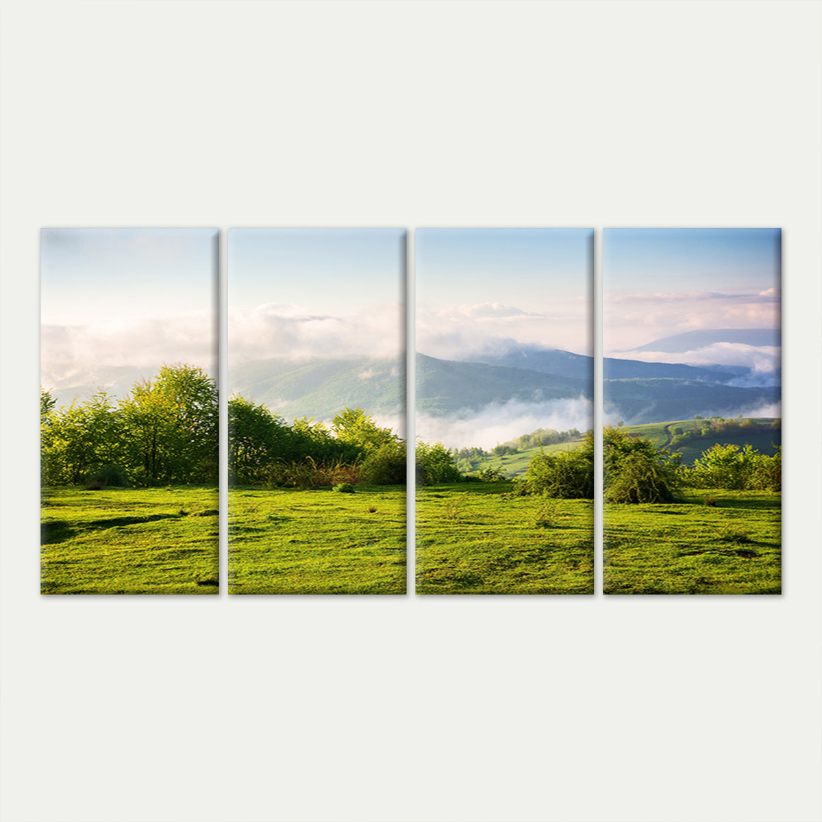 4pcs Green Mountain Meadow Fog Hills Landscape Wall Art Canvas Framed 45x80cm - High Quality Print 100% Australian Made Wall Canvas Ready to Hang