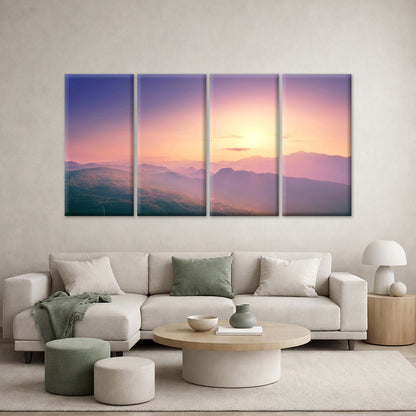 4pcs Purple Mountain Sunrise Fog Landscape Hills Wall Art Canvas Framed 45x80cm - High Quality Print 100% Australian Made Wall Canvas Ready to Hang