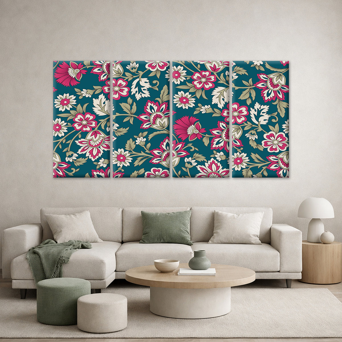 4pcs Vintage Teal Pink Floral Pattern Print Wall Art Canvas Framed 45x80cm - High Quality Print 100% Australian Made Wall Canvas Ready to Hang
