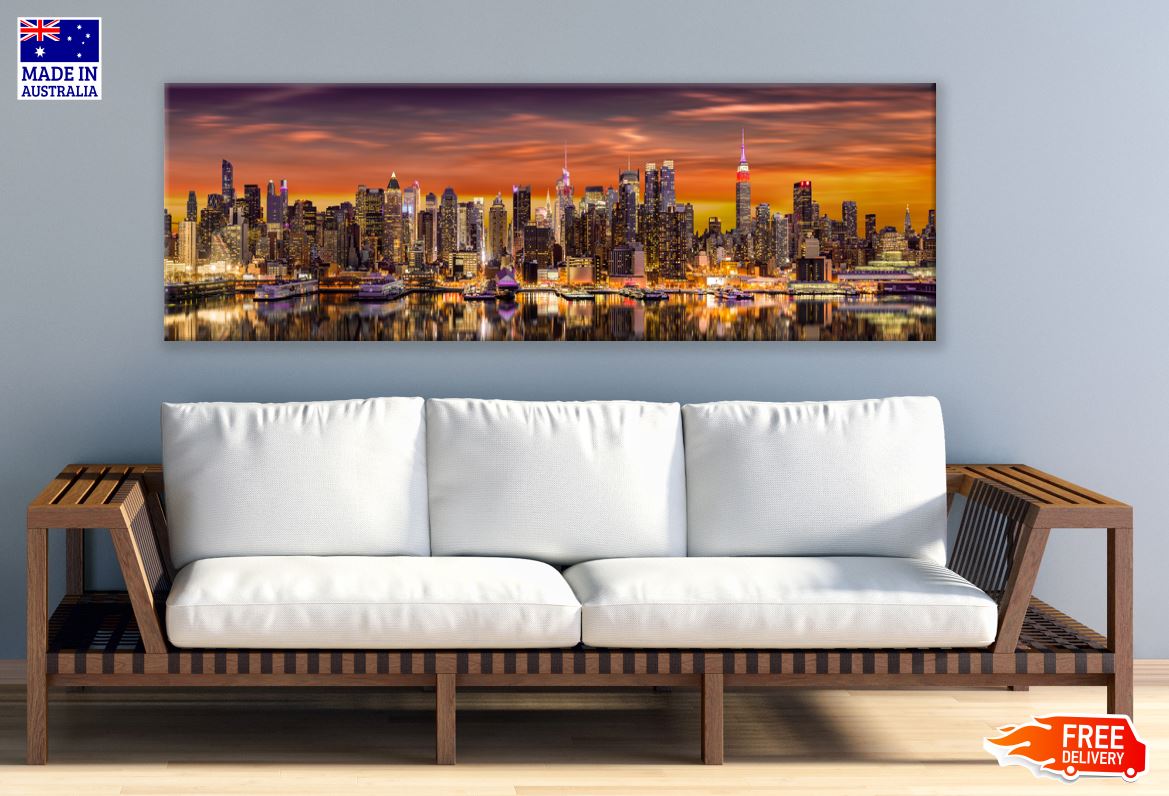 Panoramic Canvas New York City at Sunrise with Reflections in Hudson River High Quality 100% Australian made wall Canvas Print ready to hang