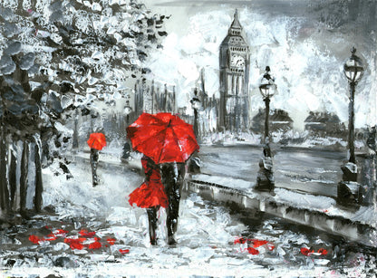 Couple Under Red Umbrella & B&W City Painting Print 100% Australian Made