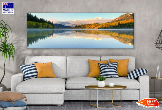 Panoramic Canvas Mountain Lake with High Trees Forest Photograph High Quality 100% Australian made wall Canvas Print ready to hang