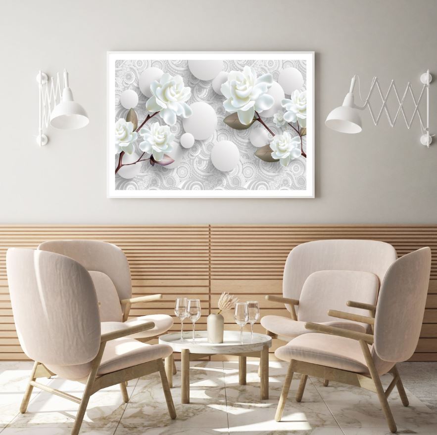 White Flowers & Circles 3D Design Home Decor Premium Quality Poster Print Choose Your Sizes