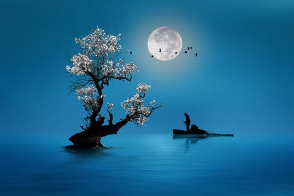 Wallpaper Murals Peel and Stick Removable Tree & Boat on Beach Under Moon Light High Quality