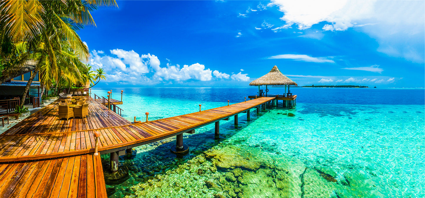Resort on Wooden Pier Over Beach Photograph Print 100% Australian Made