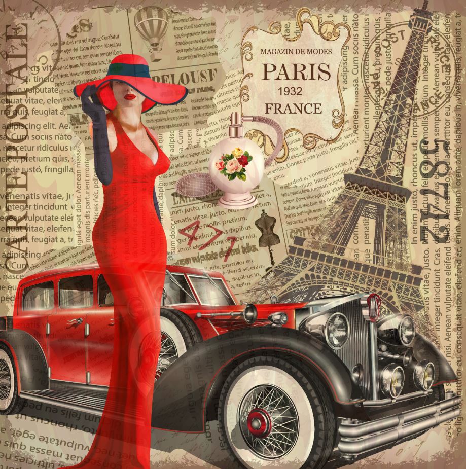 Square Canvas Fashion Woman & Car with Eiffel Tower Vintage Art High Quality Print 100% Australian Made