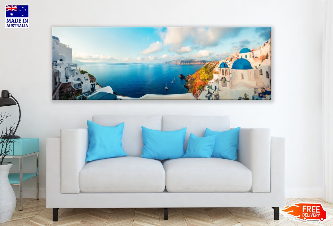 Panoramic Canvas Bright Morning on Santorini Island Sunrise High Quality 100% Australian made wall Canvas Print ready to hang