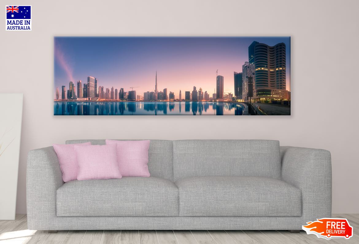 Panoramic Canvas Dubai Business Bay with Reflection of Skyscrapers on Water Sunrise High Quality 100% Australian made wall Canvas Print ready to hang