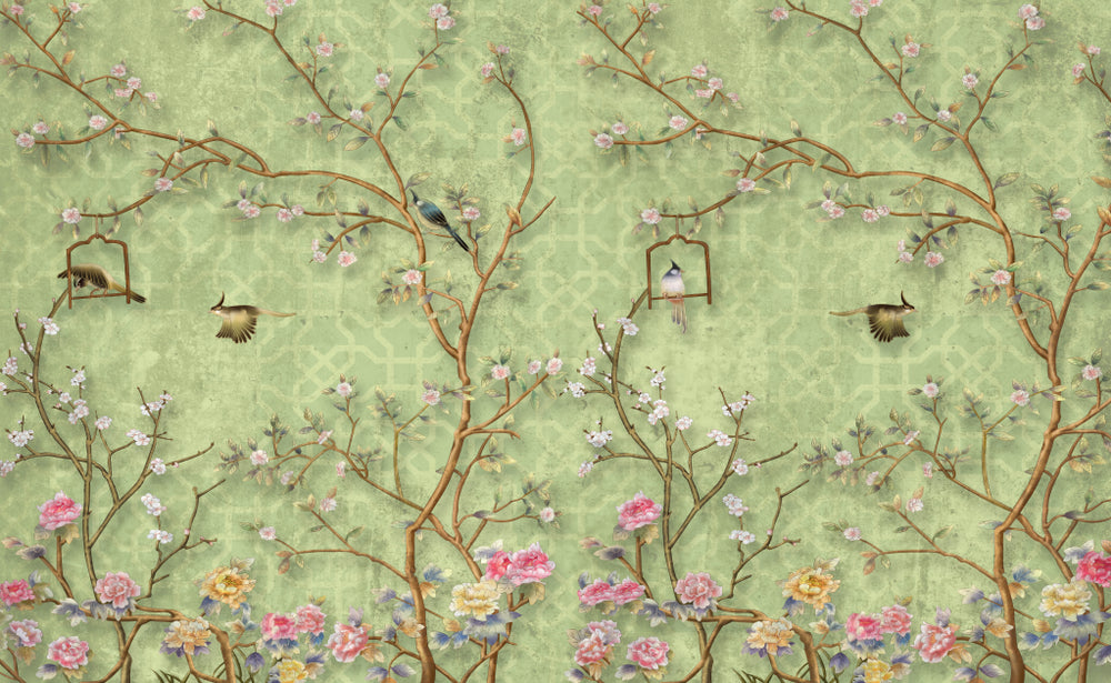 Wallpaper Murals Peel and Stick Removable Birds & Trees with Flowers Design High Quality