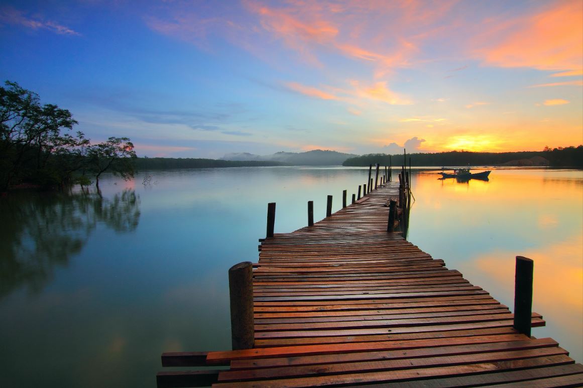 Wallpaper Murals Peel and Stick Removable Wooden Pier Over Lake at Sunset High Quality