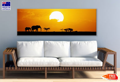 Panoramic Canvas Elephants Walking in Sunset High Quality 100% Australian made wall Canvas Print ready to hang