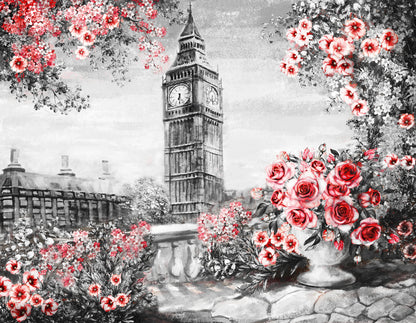 London Clock Tower & Floral Design B&W Painting Print 100% Australian Made