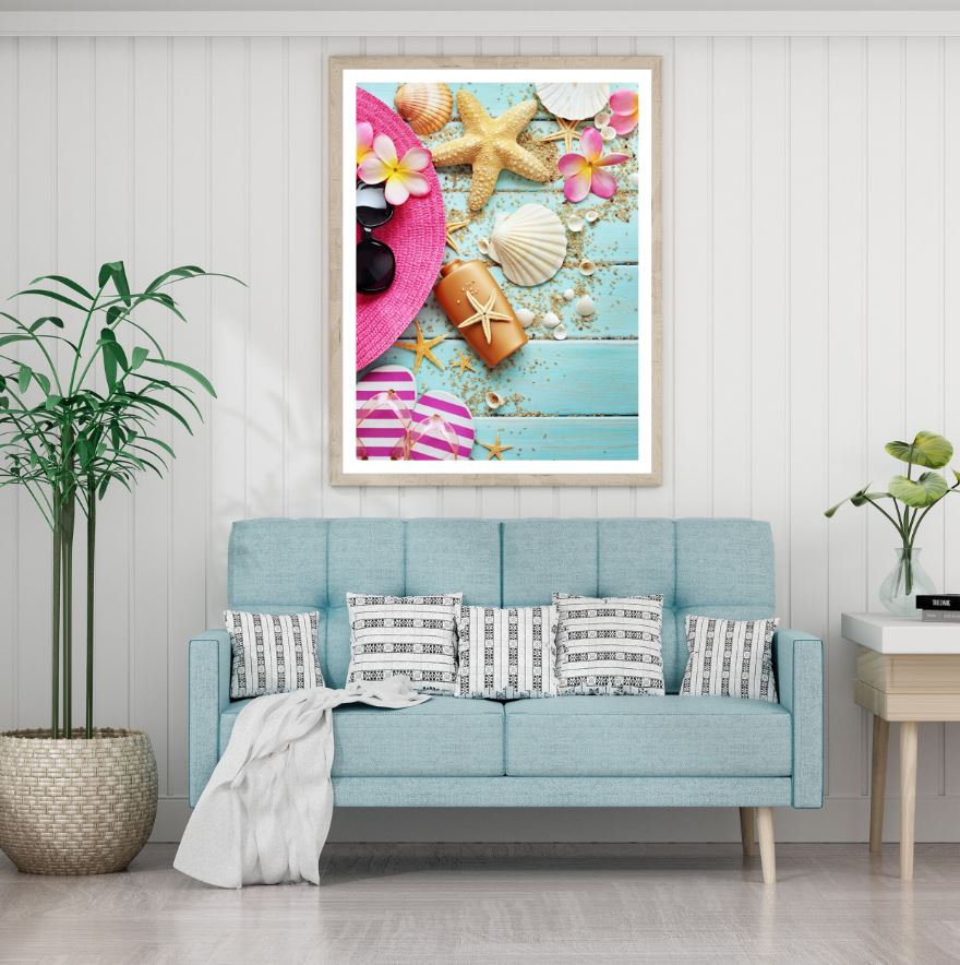 Hat , Sea Shells on Blue Board Photograph Home Decor Premium Quality Poster Print Choose Your Sizes