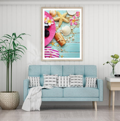 Hat , Sea Shells on Blue Board Photograph Home Decor Premium Quality Poster Print Choose Your Sizes