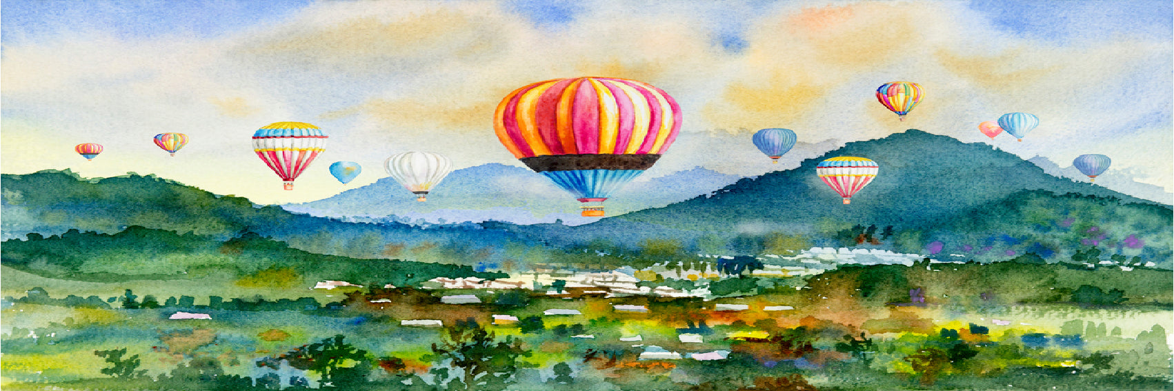 Panoramic Canvas Landscape View with Hot Air Balloons Painting High Quality 100% Australian made wall Canvas Print ready to hang