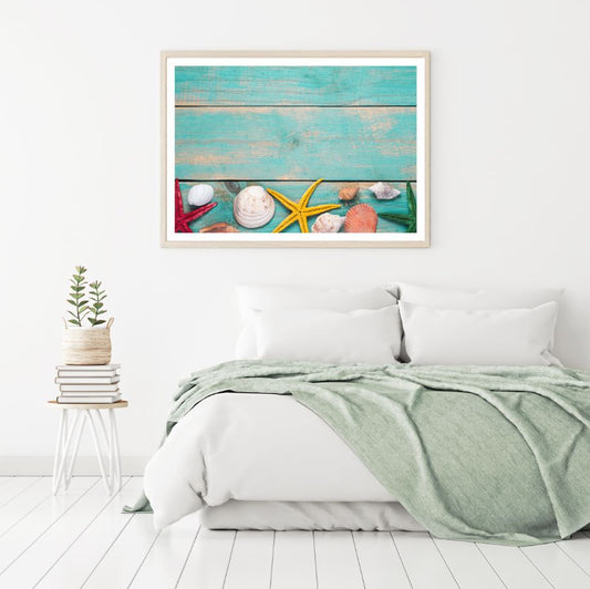 Sea Shells on Wood Board Closeup Home Decor Premium Quality Poster Print Choose Your Sizes
