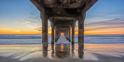 Wallpaper Murals Peel and Stick Removable Wooden Bridge Over Beach in Sunset Photograph High Quality