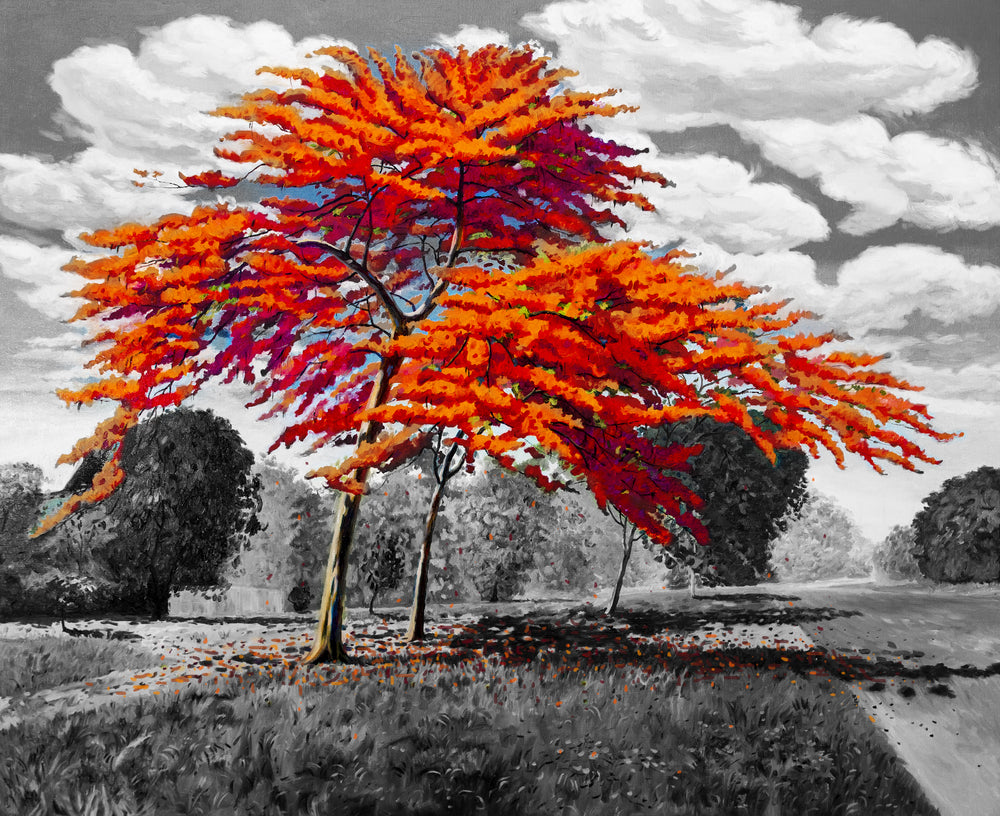 Orange Leaves Tree B&W Painting Print 100% Australian Made