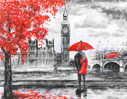 Couple Under Red Umbrella with B&W London City Painting Print 100% Australian Made