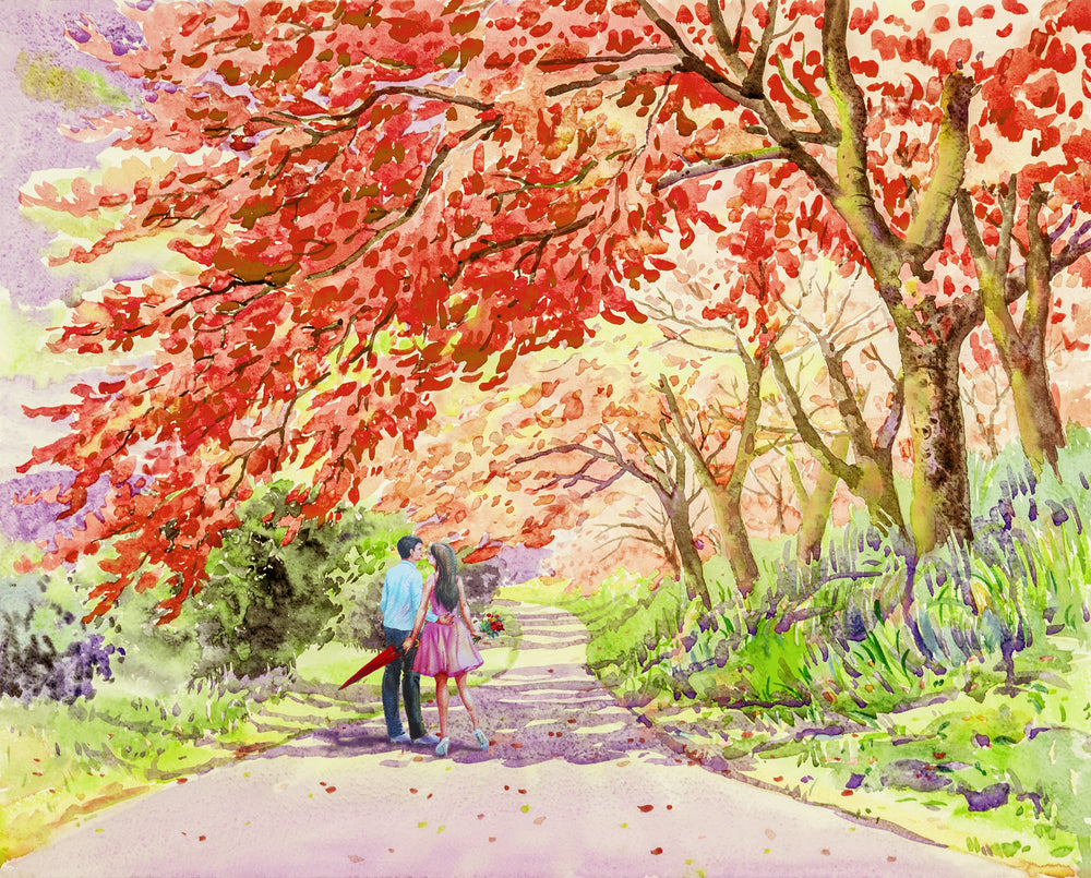 Couple in Forest Road Painting Home Decor Premium Quality Poster Print Choose Your Sizes