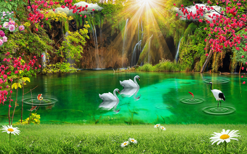 Wallpaper Murals Peel and Stick Removable Swans on Lake Nature Landscape High Quality