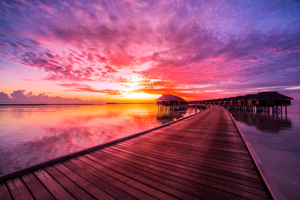 Wallpaper Murals Peel and Stick Removable Wooden Pier Over Beach at Sunset High Quality