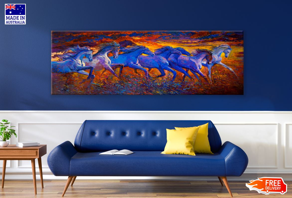 Panoramic Canvas Colourful Running Horses Painting View High Quality 100% Australian made wall Canvas Print ready to hang