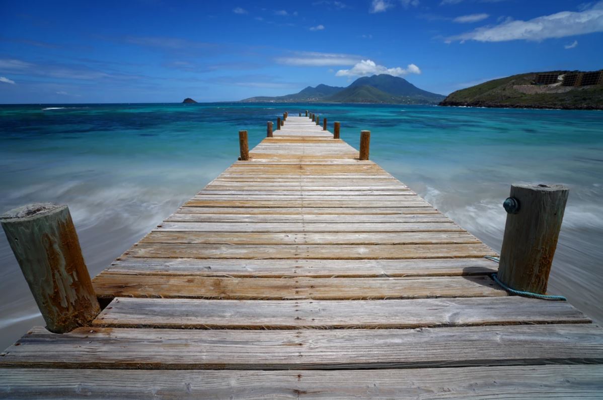 Wallpaper Murals Peel and Stick Removable Wooden Pier Over Stunning Beach Photograph High Quality