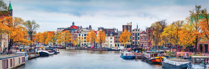 Panoramic Canvas Amsterdam Canal Boats & City High Quality 100% Australian made wall Canvas Print ready to hang