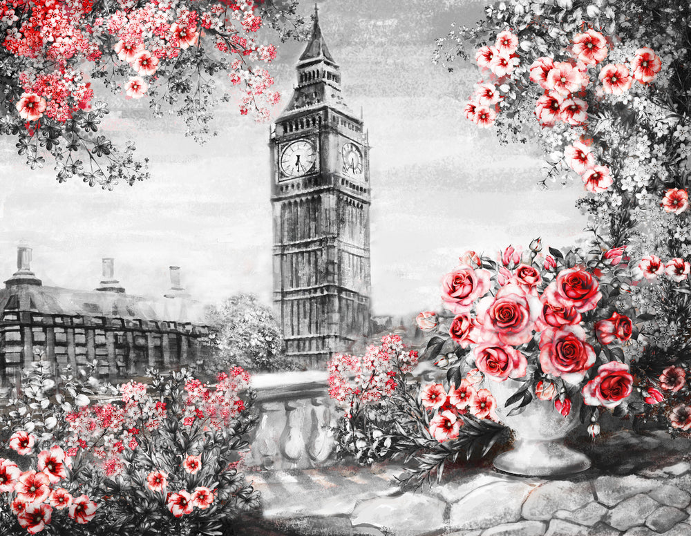 Wallpaper Murals Peel and Stick Removable Clock Tower & Flowers Painting High Quality